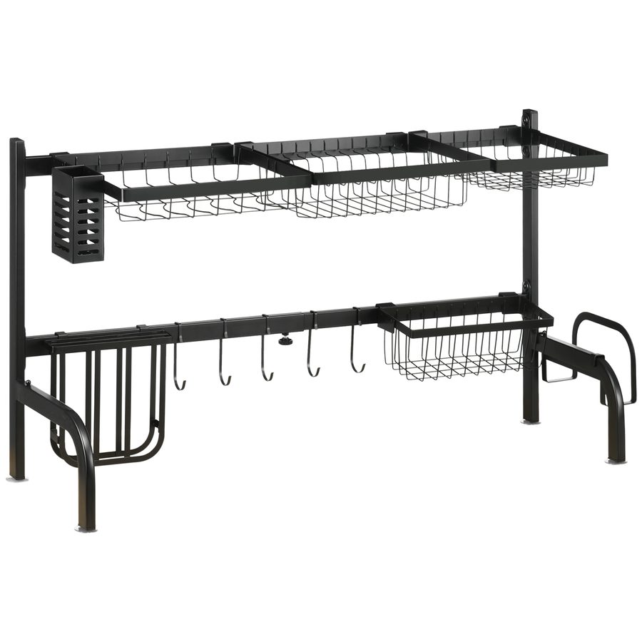 HOMCOM Abtropfgestell 2-stufiges Geschirr-Abtropfgitter mit Haken und Abtropfschale aus Stahl, Schwarz 51-93 cm für Küche   Aosom.de von HOMCOM