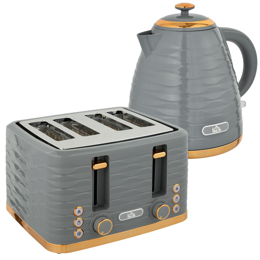HOMCOM Frühstücksset Wasserkocher & Toaster 1,5L Wasserkocher 4 Scheiben Toaster 3000 W 7 Bräunungsstufen Auftauen & Aufwärmen Grau   Aosom.de von HOMCOM