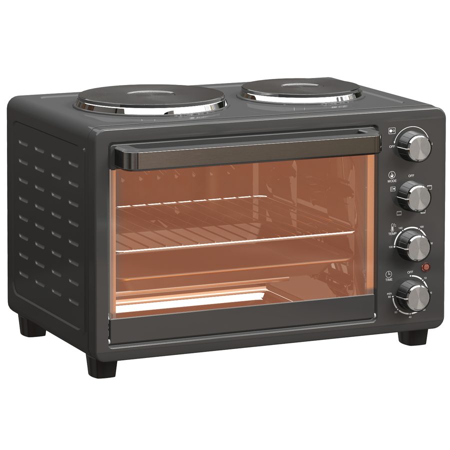 HOMCOM Minibackofen 28 L 2600W Mini Backofen 100-230℃ 60 Min. Timer, mit 2 Warmhalteplatten, Backblech und Grillrost Pizzaofen mit Krümelblech, Tablettgriff Schwarz   Aosom von HOMCOM