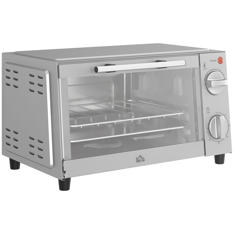 HOMCOM Minibackofen 9L Mini Ofen mit Backblech, Grillrost, 100 °C-230 °C, mit einstellbar Temperatur und Garzeit, 60 Min. Timer, 750W, Edelstahl, Silber   Aosom von HOMCOM