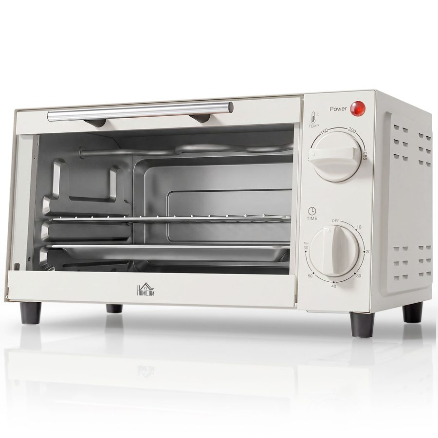 HOMCOM Minibackofen 9L Mini Ofen mit Backblech, Grillrost, 100 °C-230 °C, mit einstellbar Temperatur und Garzeit, 60 Min. Timer, 750W, Edelstahl, Cremeweiß   Aosom von HOMCOM