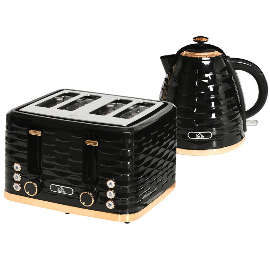 HOMCOM Wasserkocher Toaster Set Frühstück-Set mit 1,7L Wasserkocher, 4 Scheiben Toaster, 2200 W, 7 Bräunungsstufen, Auftauen, Aufwärmen und Krümelfach, Otter Thermostat, Schwarz   Aosom von HOMCOM