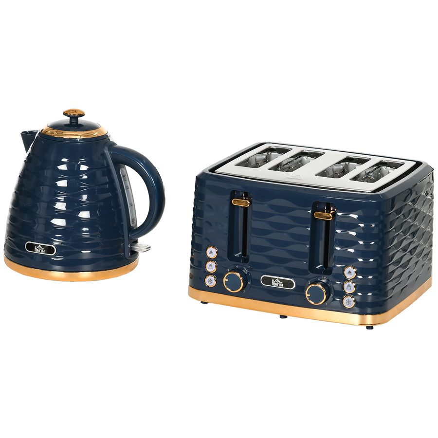 HOMCOM Wasserkocher Toaster Set Frühstück-Set mit 1,7L Wasserkocher, 4 Scheiben Toaster, 2200 W, 7 Bräunungsstufen, Auftauen, Aufwärmen und Krümelfach, Otter Thermostat, Blau   Aosom von HOMCOM