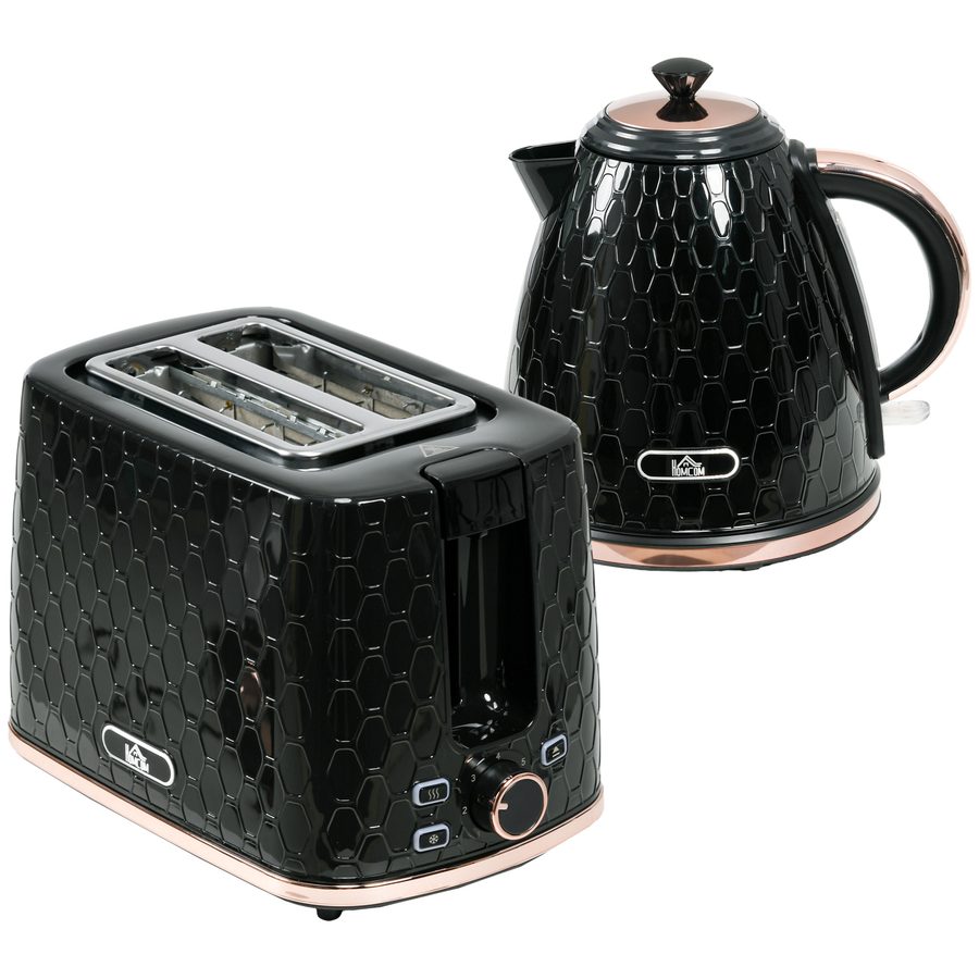 HOMCOM Wasserkocher Toaster Set 2200 W 1,7L Wasserkocher, 2 Scheiben Toaster, 7 Bräunungsstufen, Aufwärmen und Auftauen, Frühstück-Set mit Kalkfilter & Krümelfach UK Otter Thermostat Schwarz   Aosom von HOMCOM