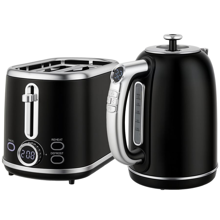HOMCOM Wasserkocher Toaster Set 1,7L Edelstahl Wasserkocher 2 Scheiben Toaster mit 6 Bräunungsstufen, 2200W Frühstücksset mit Auftauen, Aufwärmen, Memory-Funktion, LED Display, Warmhaltefunktion   Aosom von HOMCOM