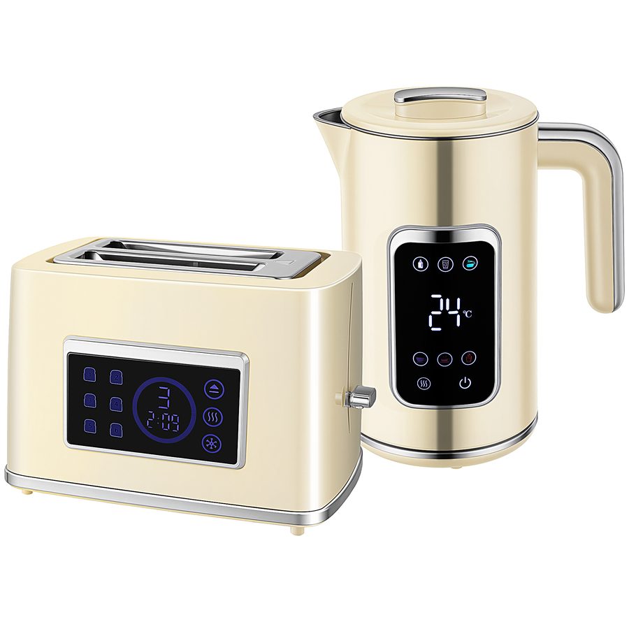 HOMCOM Wasserkocher Toaster Set 1,7L Edelstahl Wasserkocher 2 Scheiben Toaster 2200W Frühstücksset mit 6 Bräunungsstufen, Memory-Funktion, Auftauen, Aufwärmen, Krümelfach, LED-Touchscreen Creme   Aosom von HOMCOM