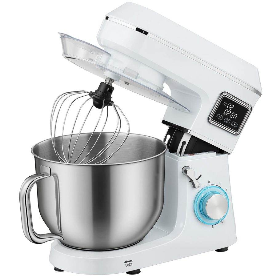 HOMCOM Standrührmaschine 6 L, Brotbackmaschine 1400 W, 6 Geschwindigkeiten, LED, Gärfunktion, Edelstahlschüssel, Schneebesen, Knethaken, Rührer, Spritzschutz, Weiß   Aosom von HOMCOM