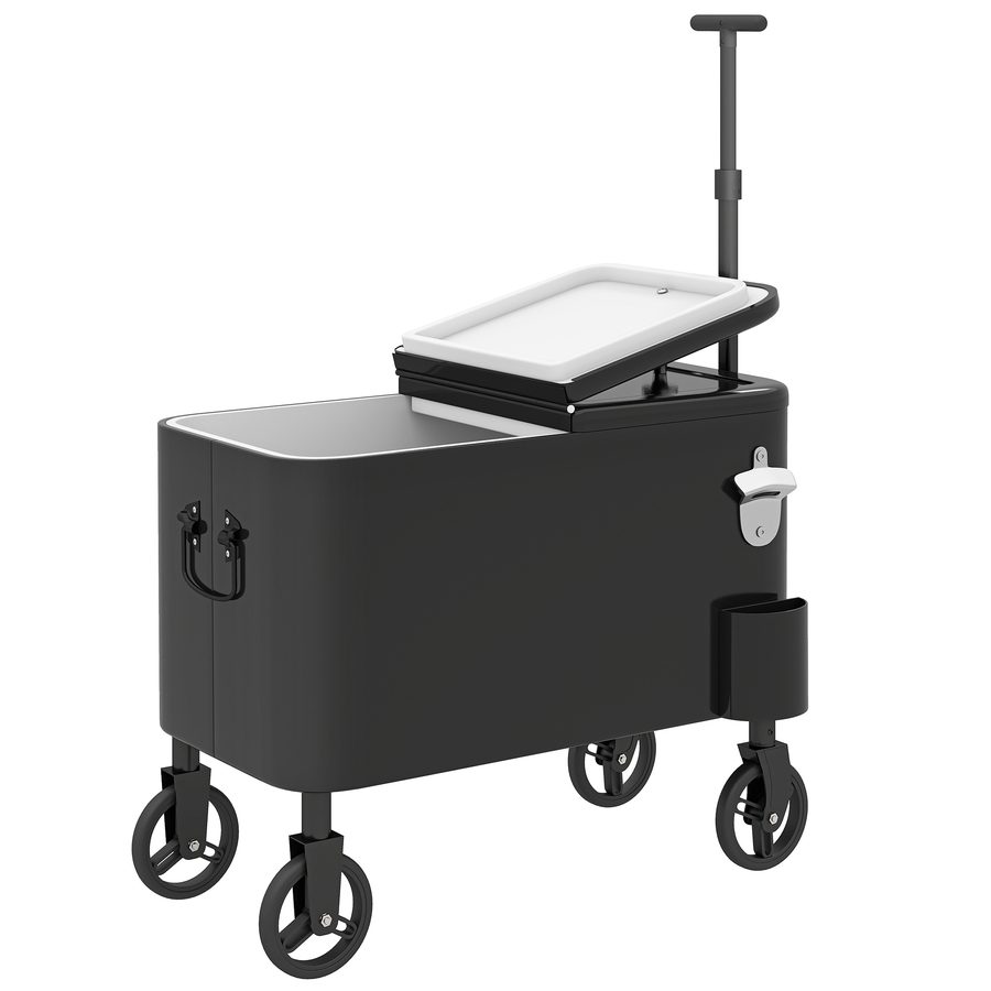 Outsunny Kühlwagen 56 L mit Rollen, Getränkewagen mit höhenverstellbarem Griff, Flaschenöffner, Kronkorkensammler, Ablauf und Griff, Kühltisch für Garten, Terrasse, Party, BBQ, 75x35x120 cm, Schwarz   Aosom von Outsunny