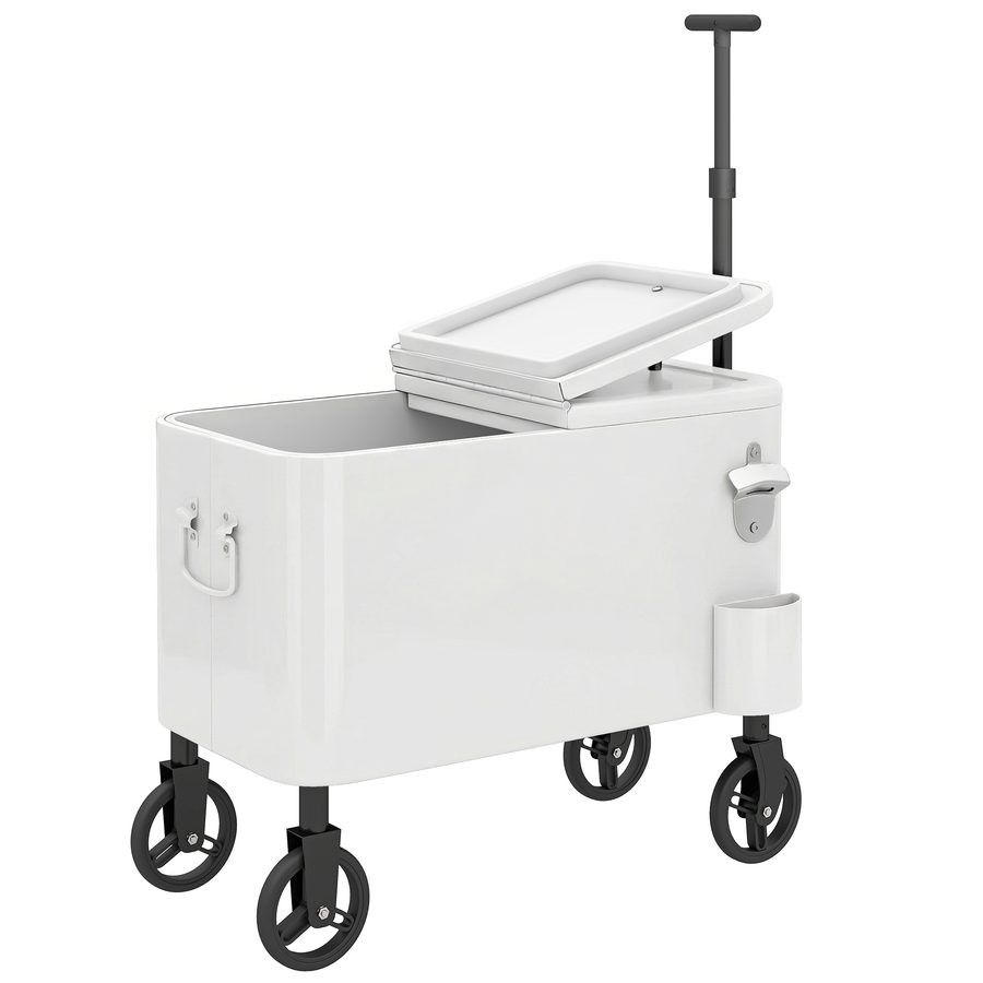 Outsunny Getränkekühlwagen 56 L mit Rollen, Getränkewagen mit verstellbarem Griff, Flaschenöffner, Kronkorkensammler, Ablauf und Griff, Kühltisch Garten Außenbereich für Terrasse, Party, BBQ, 75x35x120 cm, Weiß   Aosom von Outsunny