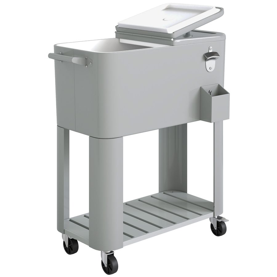 Outsunny Garten-Kühlbox 76L, Garten-Servierwagen mit Ablage, Flaschenöffner, Feststellbare Rollen, Kronkorkensammler, Tragbar für Getränke Bar Garten Hof Partys, Silber   Aosom von Outsunny