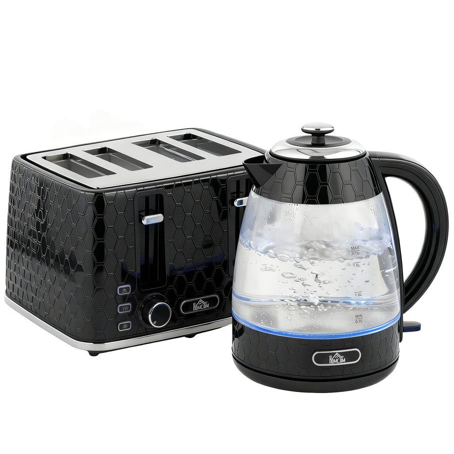 HOMCOM Wasserkocher Toaster Set, 1,7L 2200W Schnellkoch-Wasserkocher mit Kalkfilter, 4-Scheiben-Toaster mit 7 Bräunungsstufen, Krümelschublade, Schwarz   Aosom von HOMCOM