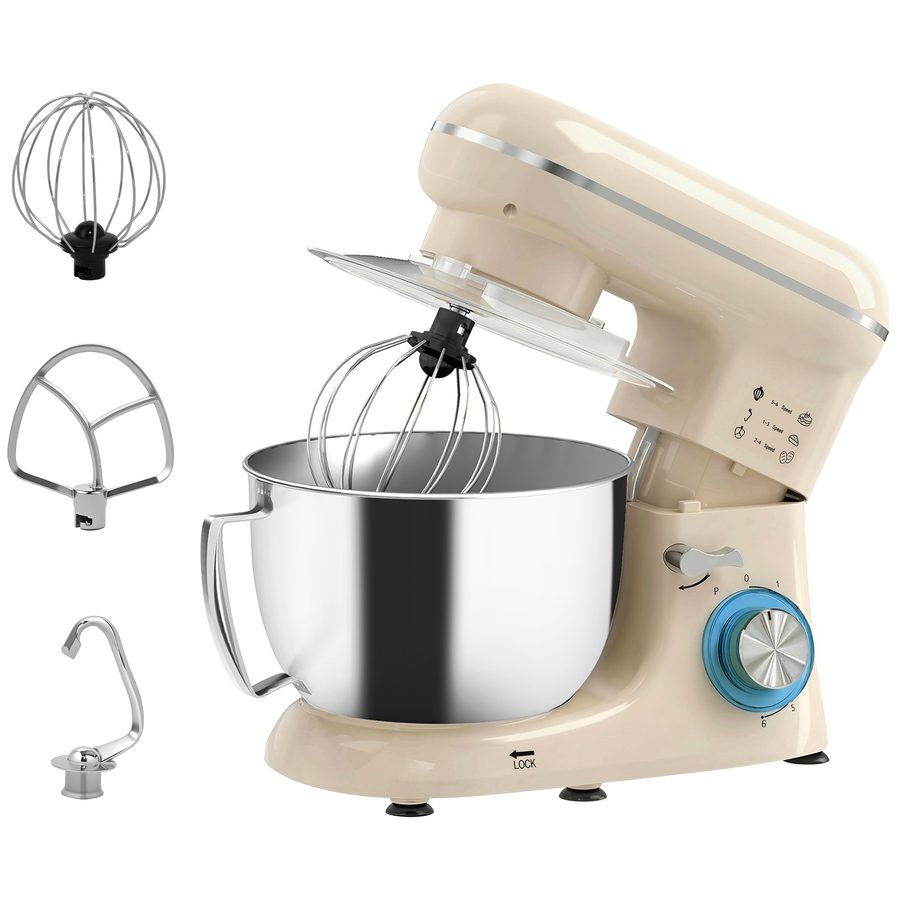 HOMCOM Küchenmaschine Knetmaschine mit 4,5L Edelstahlschüssel 1300W Teigmaschine mit 6+P Geschwindigkeit Küchenmixer mit Knethaken, Schneebesen, Rührer, Teigschaber, Eiertrenner, Spritzschutz   Aosom von HOMCOM