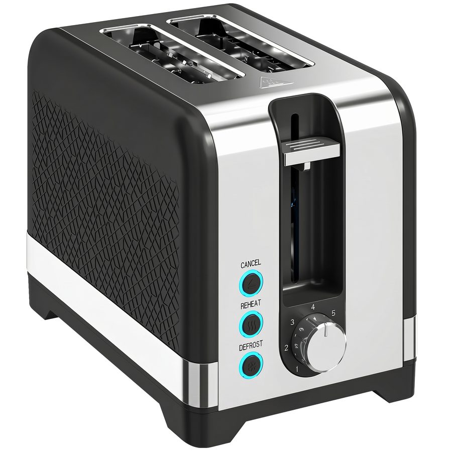 HOMCOM Toaster 2 Scheiben mit 7 Bräunungsstufen, Aufwärmen, Auftauen, Abbruch, Brötchenaufsatz, Selbstzentrierende Schlitze, Automatische Abschaltung, Krümelschublade, Wärmerost, 930 W, Schwarz   Aosom von HOMCOM