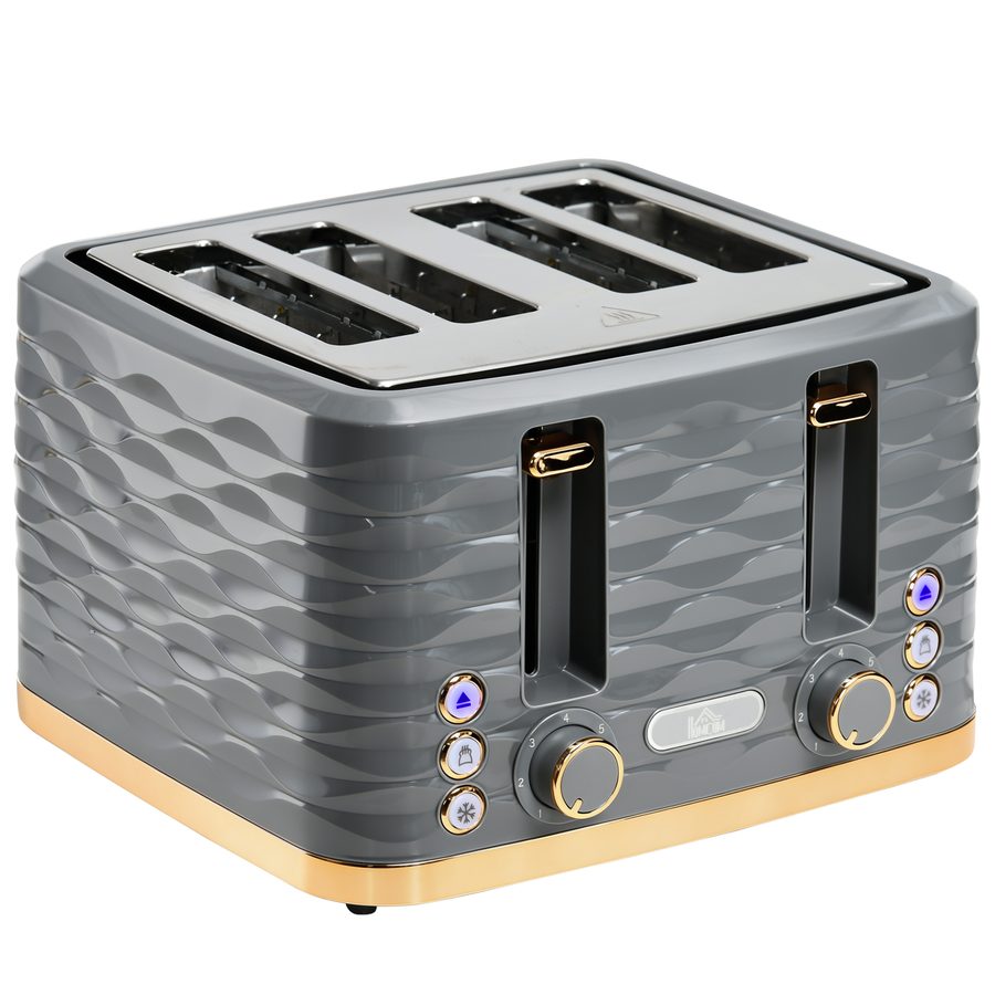 HOMCOM 4-Scheiben-Toaster mit 7 Bräunungsstufen, High-Lift, Aufwärm-/Auftau-/Abbruchs-Funktion, Selbstzentrierung, Herausnehmbare Krümelschublade, Automatische Abschaltung, 1860W, Graue Wellenoptik   Aosom von HOMCOM