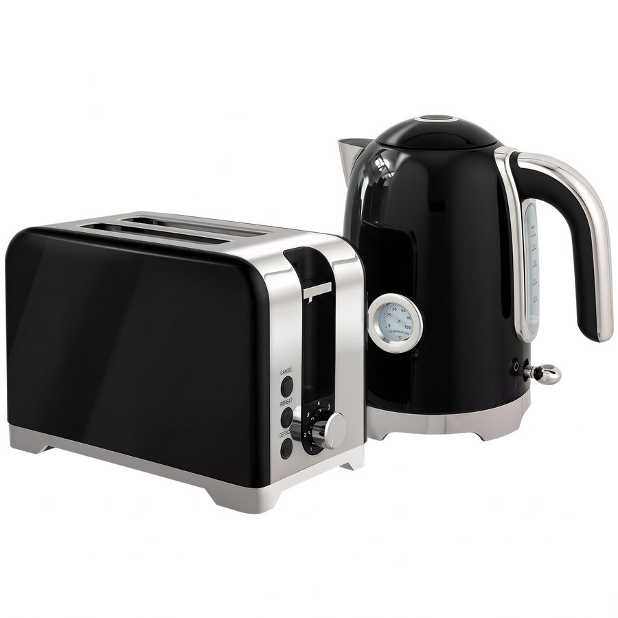 HOMCOM Wasserkocher und Toaster Set, 2200 W, 1,7 L Edelstahl Wasserkocher mit Kalkfilter, 2 Scheiben Toaster mit 7 Bräunungsstufen, Thermometer Krümelfach Frühstückset, Schwarz   Aosom von HOMCOM
