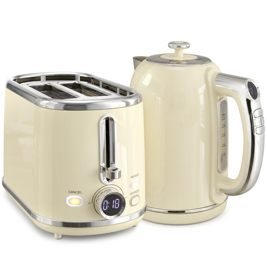 HOMCOM Wasserkocher- und Toaster-Set mit LED-Display, 1,7 L Wasserkocher mit 3 Std. Warmhaltefunktion und 7 Temperaturstufen, 2-Scheiben-Toaster mit 6 Bräunungsstufen, Krümelschublade, Creme   Aosom von HOMCOM