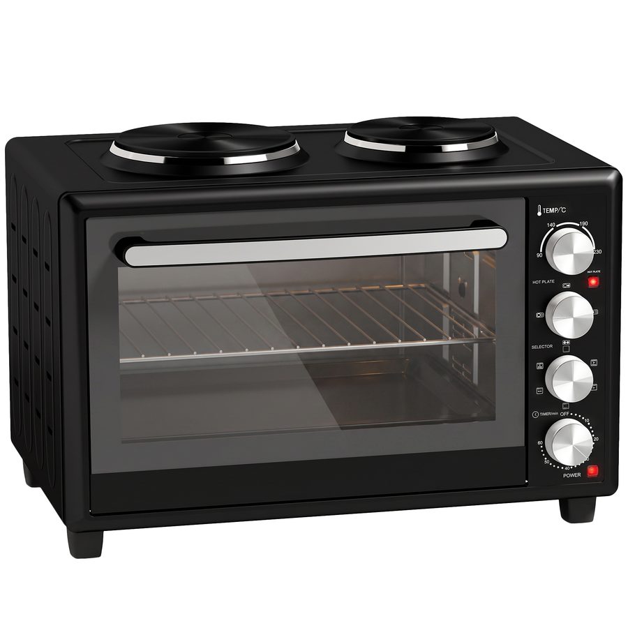HOMCOM 36L Mini-Backofen mit 2 Kochplatten, elektrischer Tischbackofen mit Umluft, 90–230 °C, 60-Minuten-Timer, inkl. Rost & Backblech, 1500 W, Schwarz   Aosom von HOMCOM