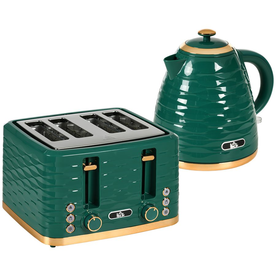 HOMCOM Wasserkocher und Toaster Set, 2200 W, 1,7 l Schnellkoch-Wasserkocher & 4-Scheiben-Toaster, 7 Bräunungsstufen, Auftauen, Aufwärmen, Krümelschublade, Grün   Aosom von HOMCOM