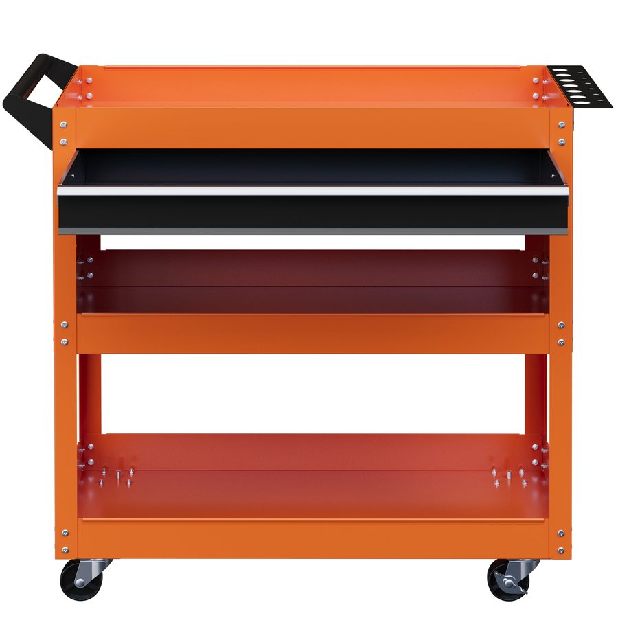 DURHAND Werkzeugwagen mit seitlichem Griff und Einsteckkarte, Schublade und 3 Regalen, Werkstattwagen mit 4 Rädern (2 mit Bremse) aus Stahlblech für die Garage, 82x35x76 cm, Orange   Aosom