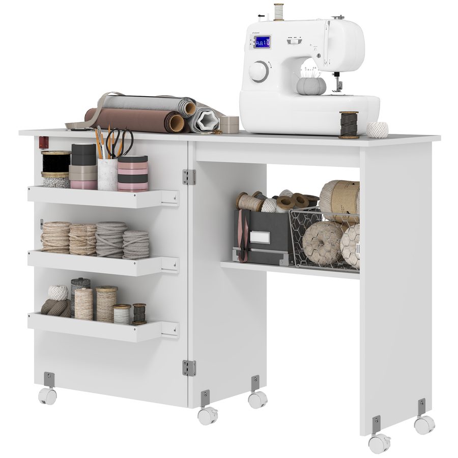 HOMCOM Klappbarer Nähtisch mit Aufbewahrungsfächern, offenem Regal und Rollen, Nähtisch für Nähmaschine, für Wohnzimmer, Büro, Studio, Abm. 118 x 40 x 79,5 cm, Weiß   Aosom von HOMCOM