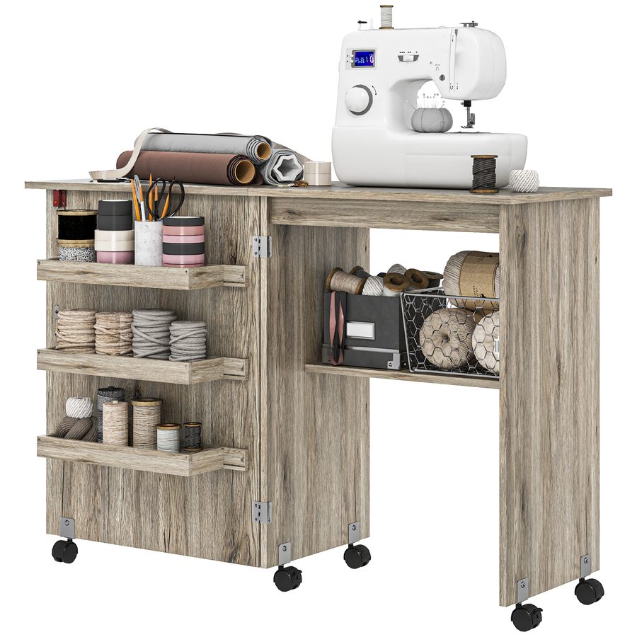 HOMCOM Klappbarer Nähtisch Nähschrank mit Aufbewahrungsbehältern, offenem Regal und Rollen, Nähtisch für Nähmaschine, für Wohnzimmer, Büro, 117 x 40 x 77,5 cm, graue Holzoptik   Aosom von HOMCOM