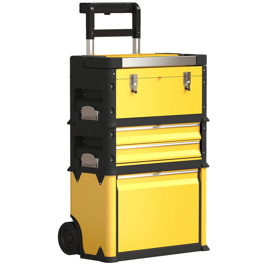 HOMCOM 3er-Set stapelbare und modulare Werkzeugkisten auf Rollen, Werkstattwagen/Trolley aus Stahl mit Ablage, Griffen und Schloss, für Garage und Lager, gelb   Aosom von HOMCOM