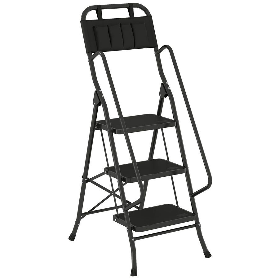 HOMCOM Klapp-Leiter 3 Stufen mit Werkzeugtasche – Scherenleiter, 150 kg Tragkraft, breite rutschfeste Stufen, Sicherheitsverriegelung, Handlauf, Schwarz   Aosom von HOMCOM