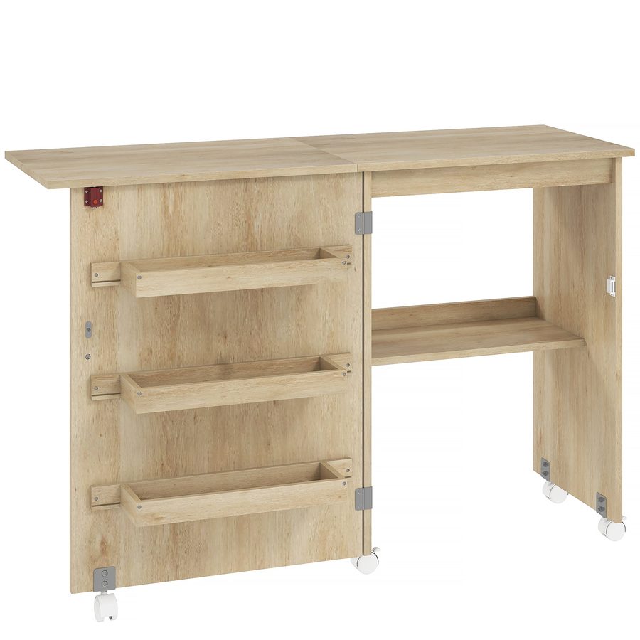 HOMCOM Klappbarer Nähtisch Nähmöbel mit Klappe, Aufbewahrungsfächern, offenem Regal und Rollen, Nähmaschinentisch, für Wohnzimmer, Büro, 117 x 40 x 77,5 cm, Naturholz   Aosom von HOMCOM