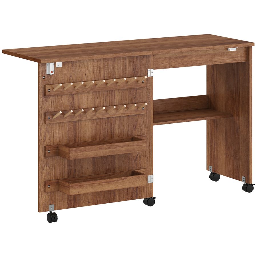 HOMCOM Klappbarer Nähtisch, rollbarer Nähschrank mit magnetischer Scheunentür, 2 Behälter, Ablagefach, 18 Spulenhalter, Nähmaschinentisch für Wohnzimmer, Studio, braun   Aosom von HOMCOM