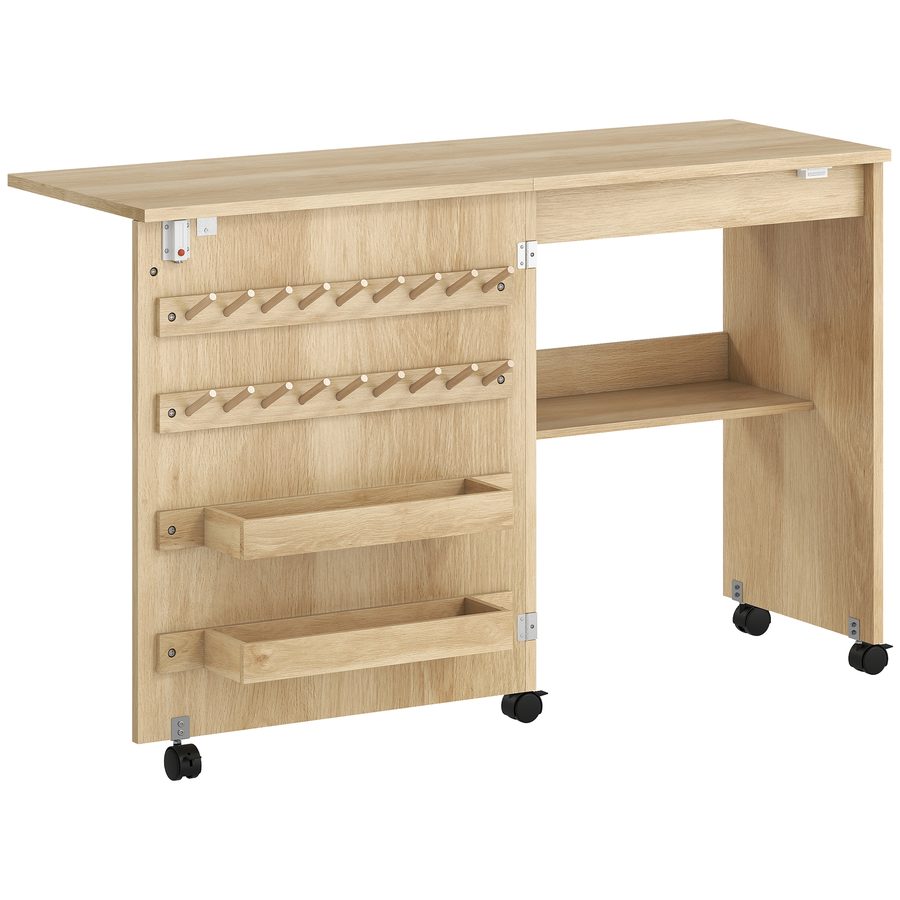 HOMCOM Klappbarer Nähtisch, Nähmöbel auf Rollen mit magnetischer Scheunentür, 2 Einsätze, Ablagefach, 18 Garnhalter, Nähmaschinenmöbel für Wohnzimmer, Studio, Naturholz   Aosom von HOMCOM