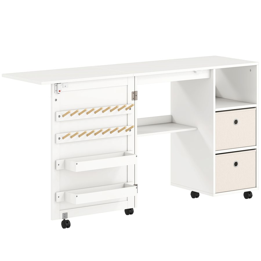 HOMCOM Klappbarer Nähtisch mit 6 Rollen, Möbel für Nähmaschine mit 18 Garnhaltern, 2 Stoffschubladen, 3 Fächern, Steckdosen, Nähschrank für Atelier & Wohnzimmer Weiß   Aosom von HOMCOM
