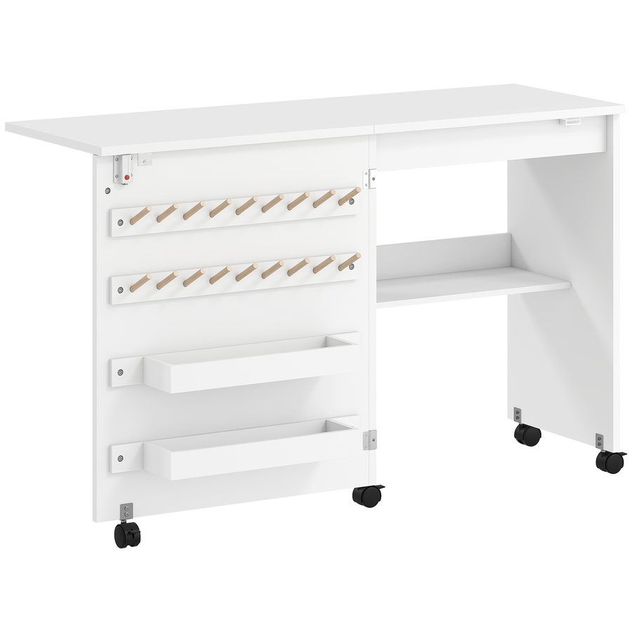 HOMCOM Klappbarer Nähtisch, Nähmaschinentisch mit Magnetverschluss, 2 Fächer, Regal, 18 Garnhalter, 5 Rollen, platzsparend, Weiß   Aosom von HOMCOM