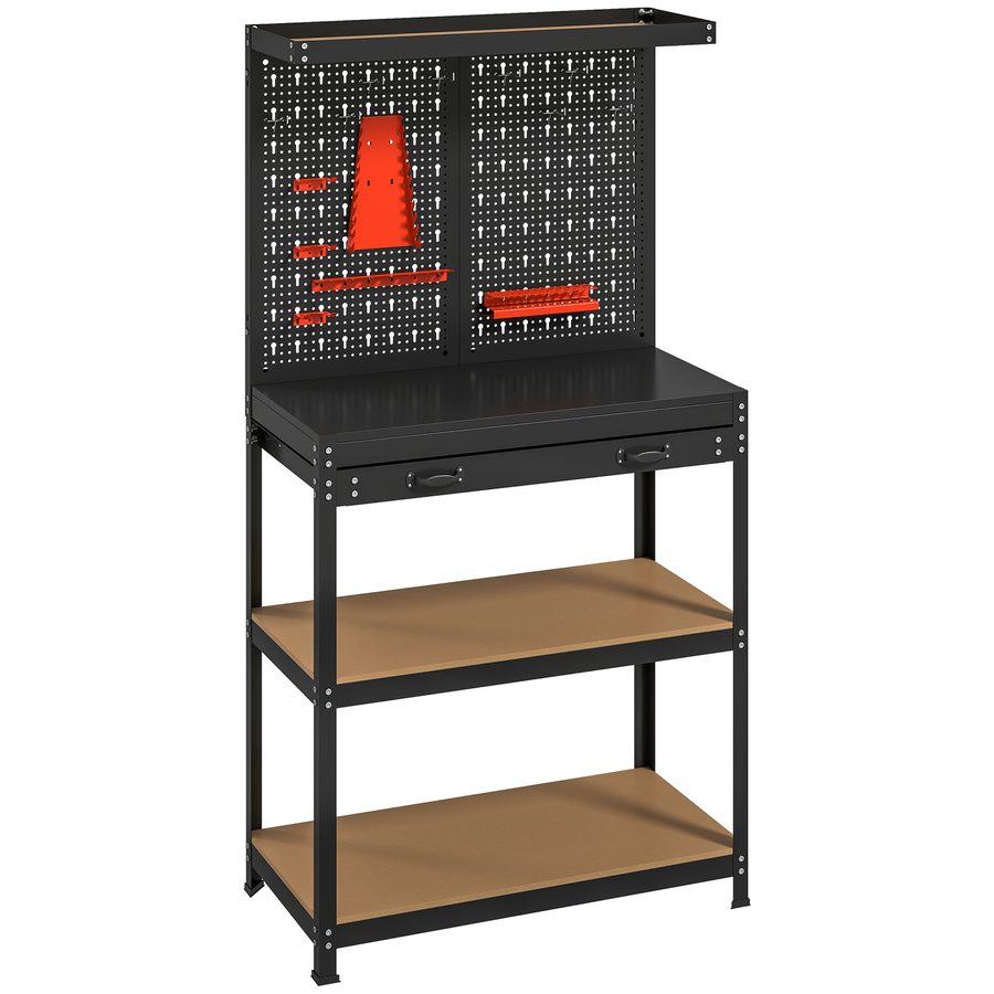 HOMCOM Werkbank 80 x 40,5 x 155 cm Werkzeugbank mit Lochwand, Haken,  Schublade, 2 Ablagen, Arbeitstisch 240 kg Tragkraft Werktisch aus Metall, für Werkstatt Schwarz   Aosom von HOMCOM