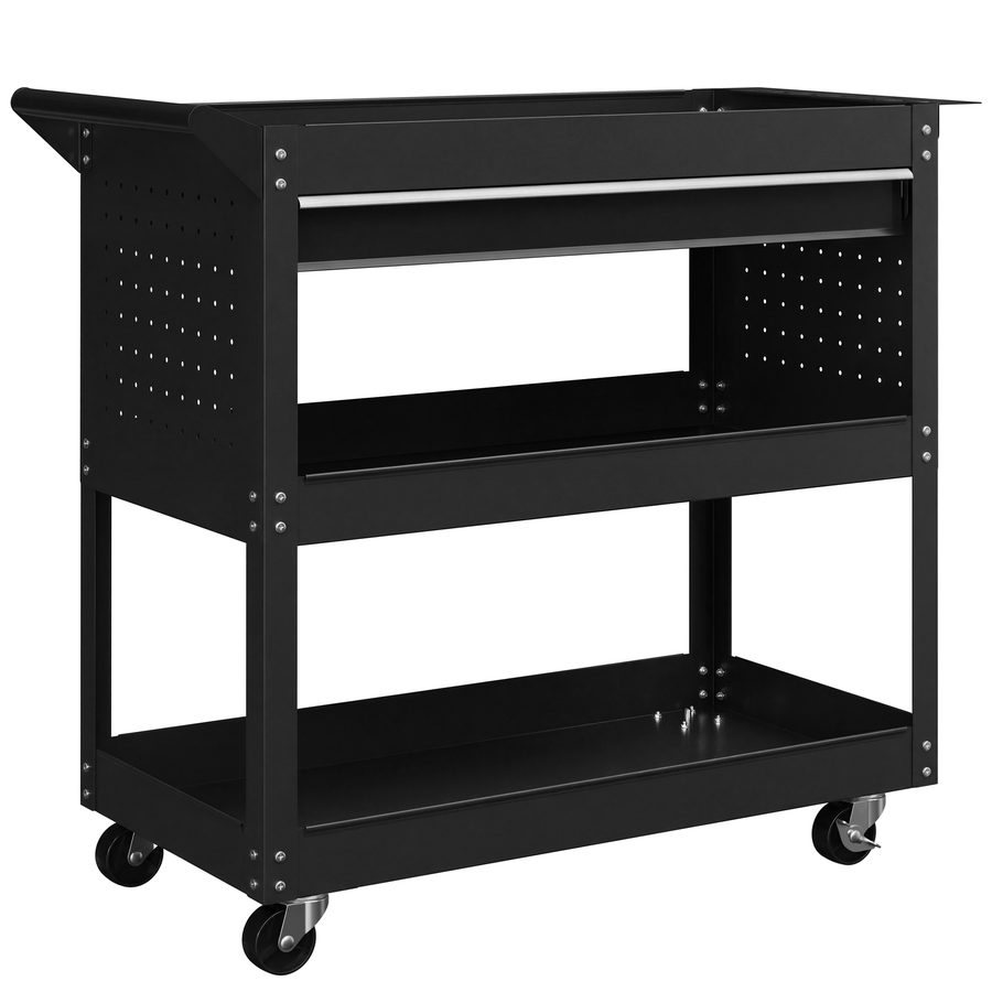 DURHAND Werkzeugwagen mit Griff und seitlichem Werkzeugpaneel, Schublade und 3 Ablagen, Werkstattwagen mit 4 Rollen (2 mit Bremse) aus Stahlblech für Garage, 82x35x76 cm, Schwarz   Aosom
