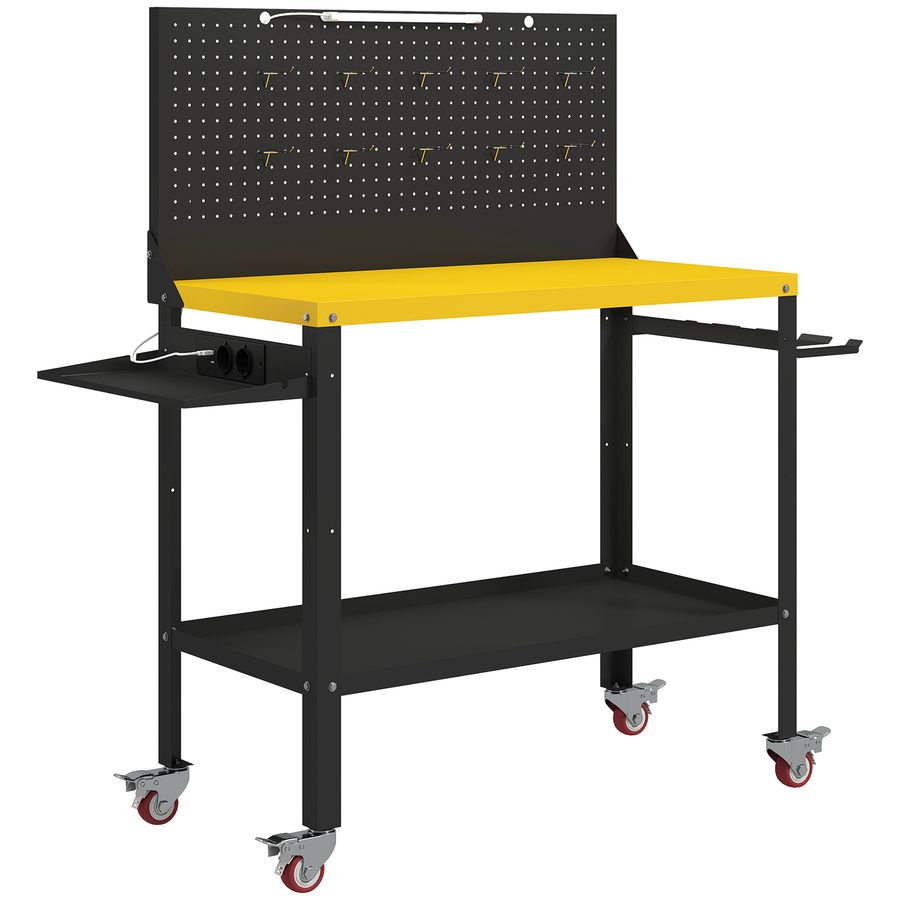 HOMCOM Werkbank mit Lochwand und Rollen, Arbeitstisch mit Steckdosen, USB, LED‑Leuchte und Metallgestell, Tragfähigkeit 300 kg, Werkbank für Garage oder Werkstatt, 128x49,5x127,5 cm, Schwarz und Gelb   Aosom von HOMCOM