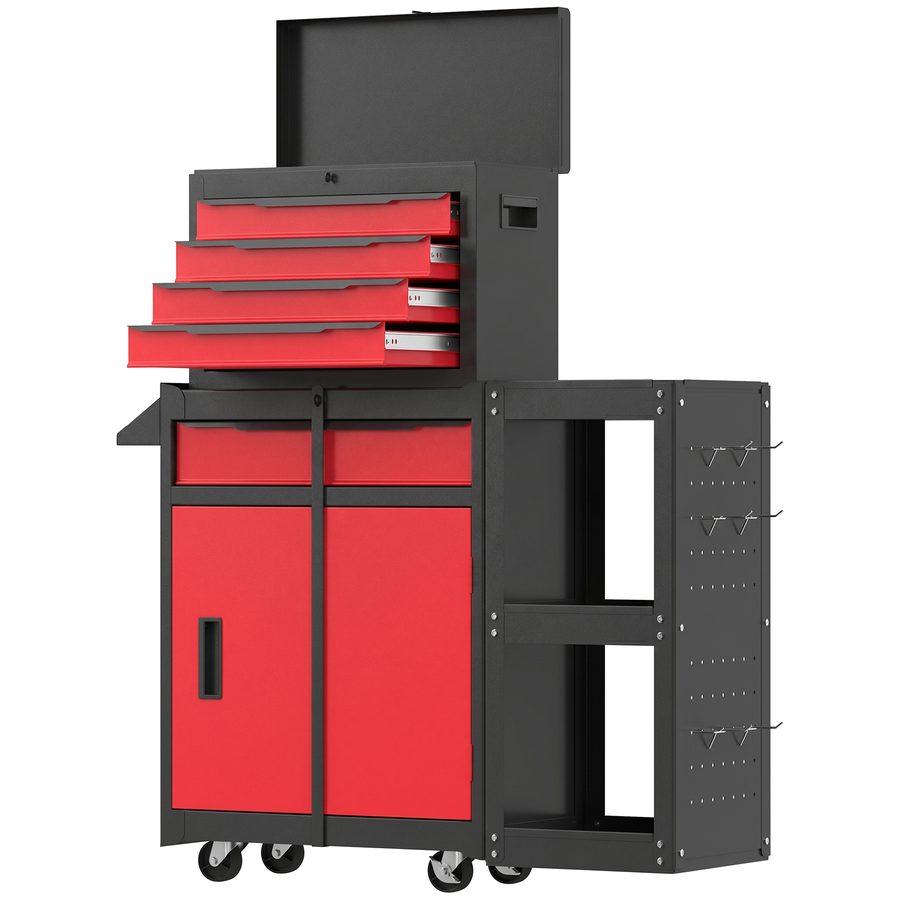 HOMCOM Werkzeugwagen 3-in-1 mit 5 Schubladen, Metall-Box, seitlichem Regal, Unterschrank, Lochplatten, Schloss, Griff, 2 gebremste Rollen, Schwarz/Rot   Aosom von HOMCOM