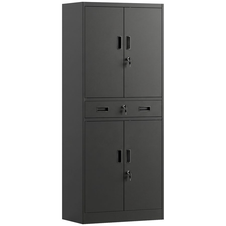 HOMCOM Metallschrank, Abschließbar Werkzeugschrank mit Schublade, Verstellbaren Ablagen, Aktenschrank, Aufbewahrungsschrank mit 4 Türen aus Stahl für Garage, Zuhause, Büro 75 x 40 x 180 cm Schwarz   Aosom von HOMCOM