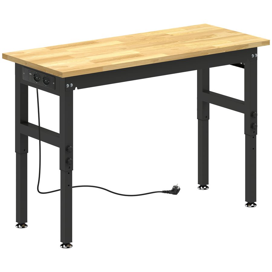 HOMCOM Werkbank für Garage aus Gummibaumholz, höhenverstellbarer Arbeitstisch 5 Stufen 79-99 cm, Lochwand, 2 AC-Steckdosen, USB- & Type-C-Anschluss, 900 kg Tragkraft, für Werkstatt und Zuhause, 122x51x99 cm   Aosom von HOMCOM