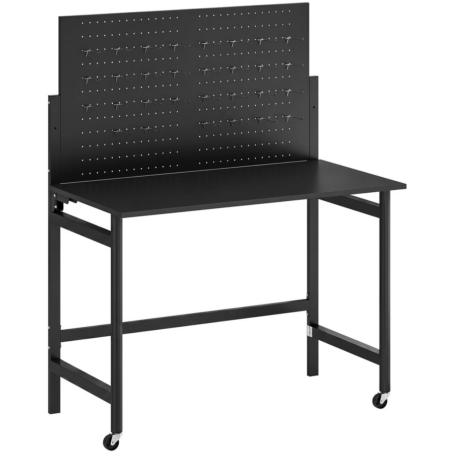 HOMCOM Werkbank mit Lochwand, 115 x 62 x 62 cm Klappbare Mobile Werkbank mit Rollen, Dicke Arbeitsplatte, Stahlrahmen, Haken, Werktisch für Garage, Holzwerkstatt, Schwarz   Aosom von HOMCOM
