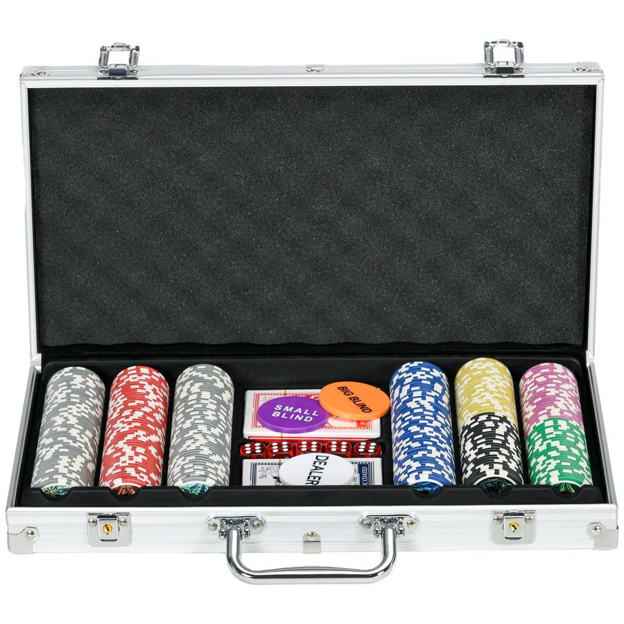 SPORTNOW Pokerkoffer Set 300 Chips 11,5g Komplett Pokerset mit Schloss 2 Decks 5 Würfeln Dealer Blind Buttons in Silber   Aosom.de von SPORTNOW