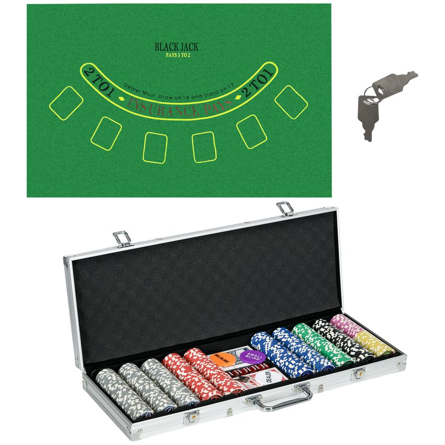 SPORTNOW Pokerkoffer Set, 500 Pokerchips 11,5 Gramm, Pokerset mit Schloss, 2 Pokerdecks, 5 Würfel, 1 Dealer Button, 1 Small Blind,1 Big Blind, Silber   Aosom von SPORTNOW