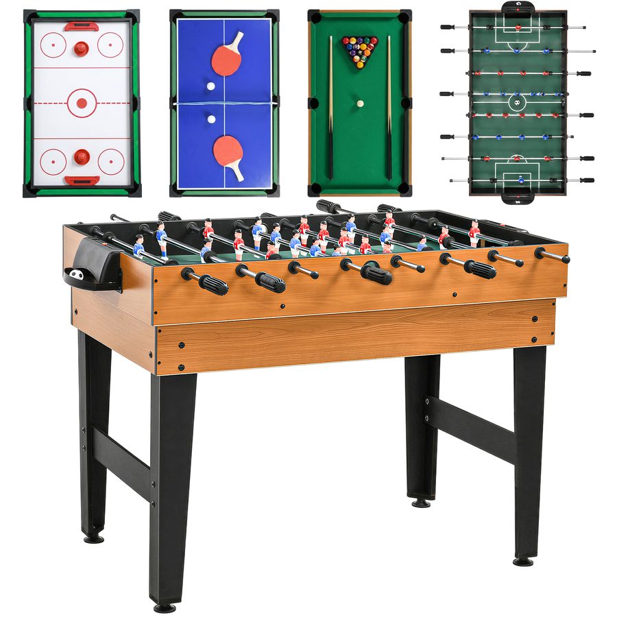 HOMCOM 4 in 1 Multigame Spieletisch, Partyspieltisch mit Tischtennis, Kicker, Billard, Tischhockey, für Multiplayer-Spaß, Stahl, Naturholz+Schwarz   Aosom von HOMCOM