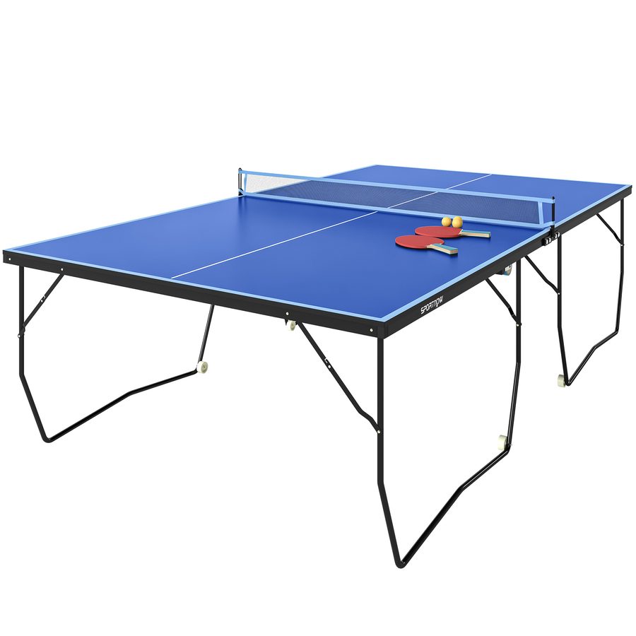 SPORTNOW Tischtennisplatte, Klappbar Tischtennistsich mit Netz, Rollen, 2 Tischtennisschlägern und 3 Bällen, Stahl, Blau, 274 x 152,5 x 76 cm   Aosom von SPORTNOW