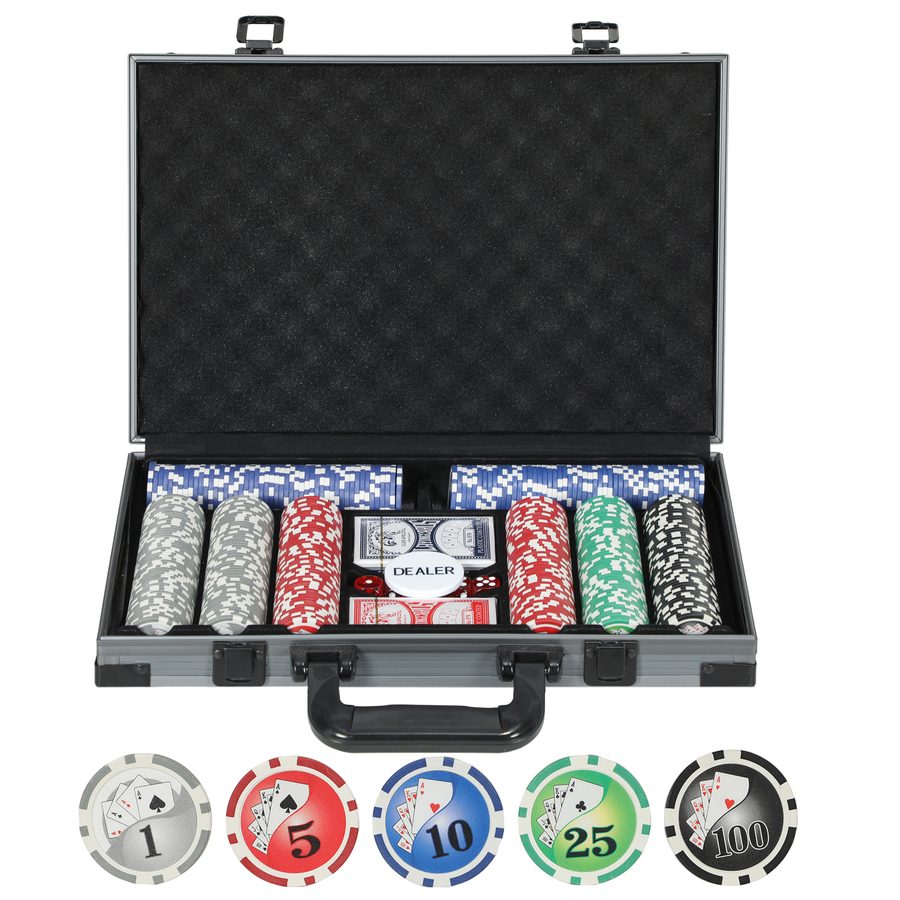 SPORTNOW Pokerkoffer Pokerset, Poker Komplett Set mit 400 Chips, 11,5 Gramm, 2 Kartendecks, 5 Würfeln, Dealer-Scheibe, Spielmatte, Aluminiumkoffer   Aosom von SPORTNOW
