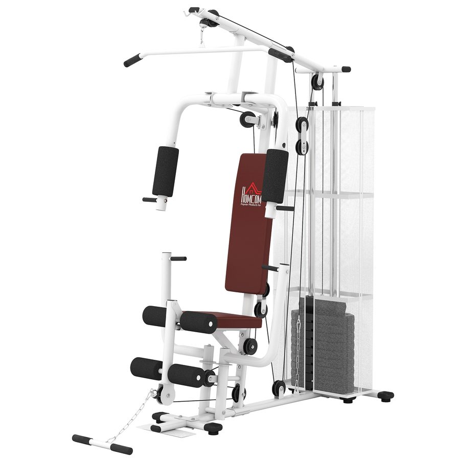 HOMCOM Kraftstation Fitnessstation Fitnessgerät Multifunktion Krafttraining Multistation Trainingsstation mit Latzug Butterflystange 45kg Gewichten Seil, Fitnessgeräte für Zuhause Weiß   Aosom von HOMCOM