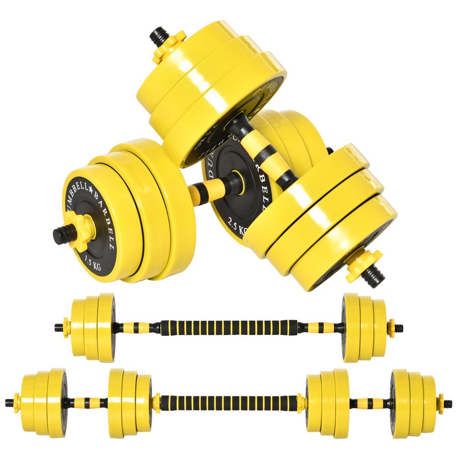 HOMCOM 25 kg Hantelset 3-in-1 einstellbar ergonomisch mit 12 Platten 2 kurzen Stöcken und 1 langem Stock in Gelb Schwarz für Fitness   Aosom.de von HOMCOM
