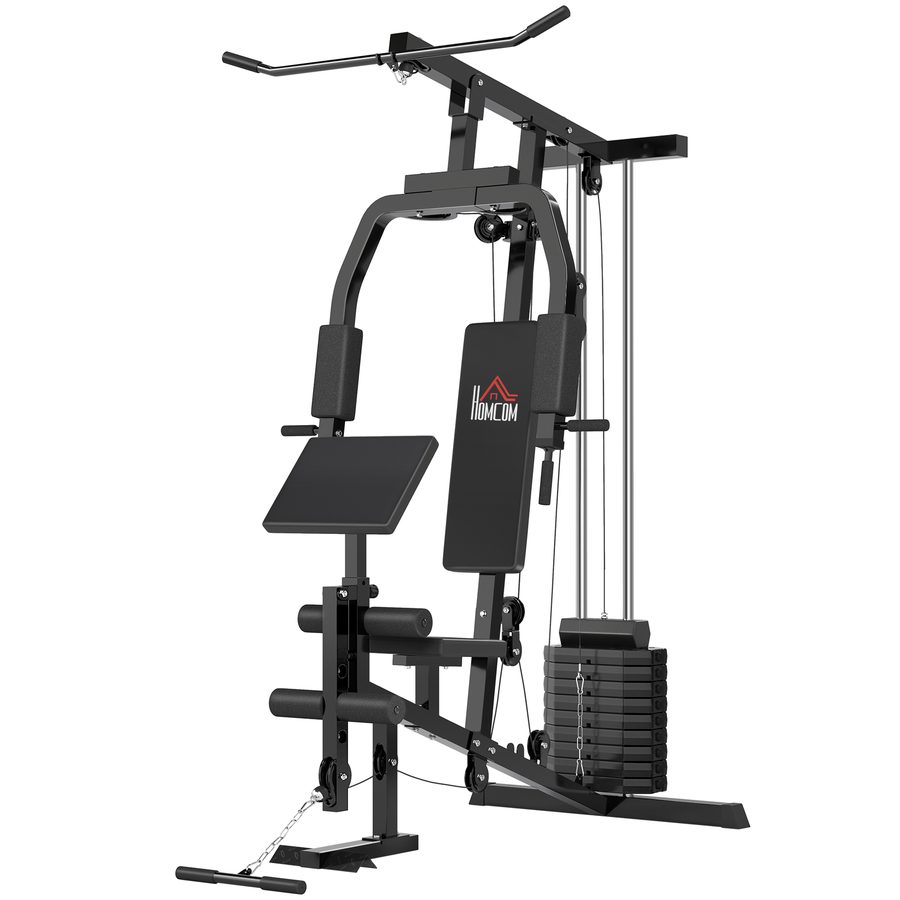 HOMCOM Gym Kraftstation, Fitnessgerät, Fitnessstation, Fitnesscenter mit Gewichten, Rollenpolsterung, Kunstleder, Schwarz, 148 x 108 x 207 cm  Aosom von HOMCOM