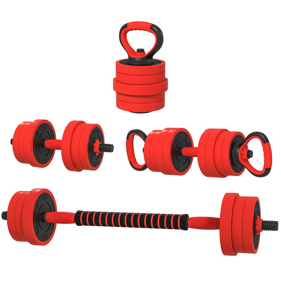 SPORTNOW Set Hantel Gewichte 4 in 1 von 20kg Gesamtgewicht aus Kunststoff und Sand, Verstellbare Hanteln als Kettlebell nutzbar, 2 Hanteln, Langhantel und Liegestützgriff, Rot   Aosom von SPORTNOW