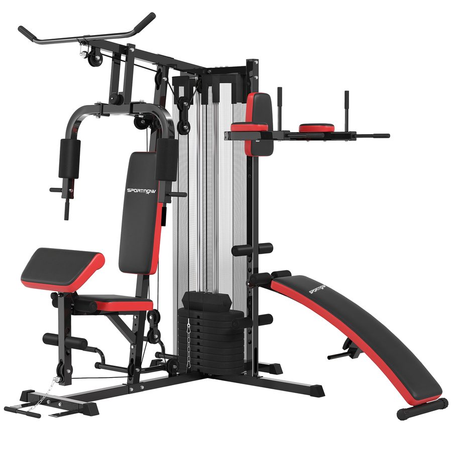 SPORTNOW Kraftstation, Multifunktionale Fitnessstation mit Butterfly- & Latzugstange, Curler, Brustpresse, Sit-Up-Bank, Fitnessgerät mit 65 kg Gewichtsblöcken für Zuhause, Schwarz   Aosom von SPORTNOW
