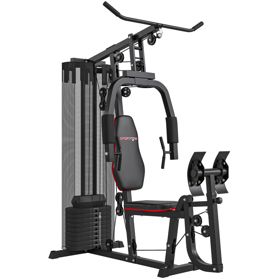 SPORTNOW Kraftstation, Multifunktionale Fitnessstation mit Latzug- & Butterflystange, Beinpresse, Fitnessgerät mit 45 kg Gewichtsblöcken für Zuhause, Schwarz   Aosom von SPORTNOW